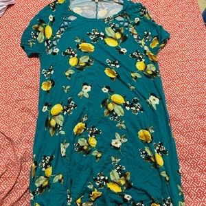 teal sundress with lemons and flowers